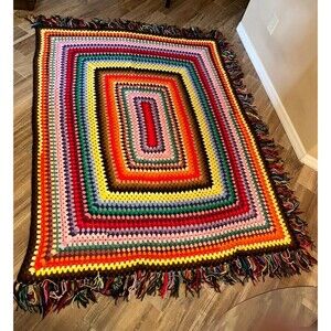 Granny Square Large Afghan Handmade Multicolor 62" x 78"